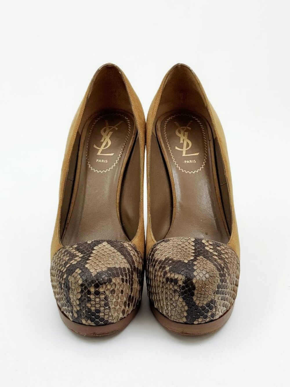 Yves Saint Laurent brown suede heels with snake print toe cap